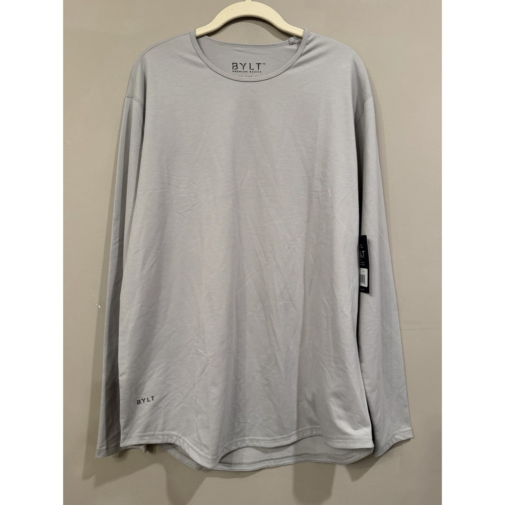 BYLT Shirt Men Large Grey Ribbed Long Sleeve Drop Cut Premium Basic Stretch